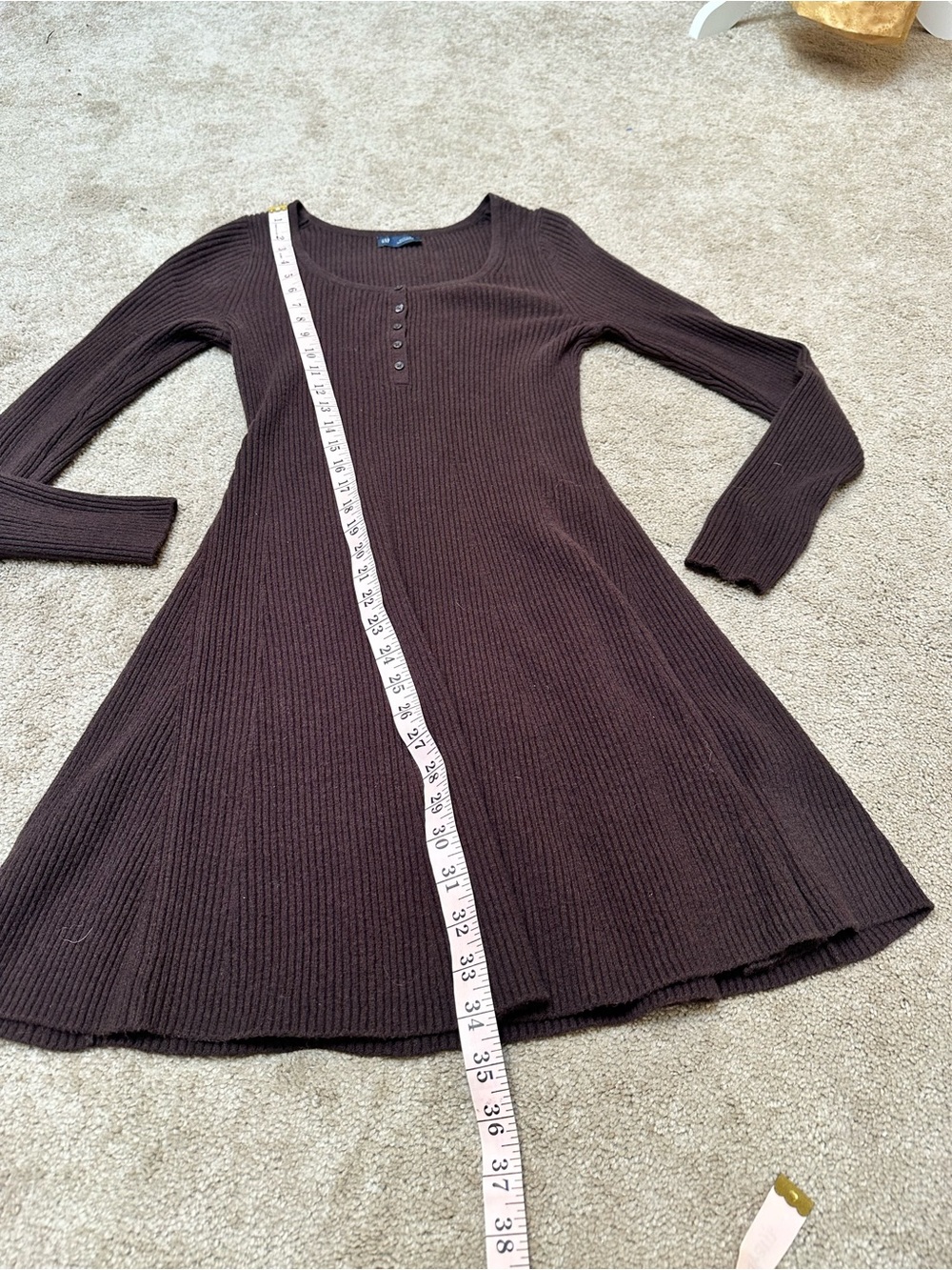 GAP Cashsoft Ribbed Henley Mini Sweater Dress Brown Long Sleeve Fit & Flare Sz M - Picture 7 of 8
